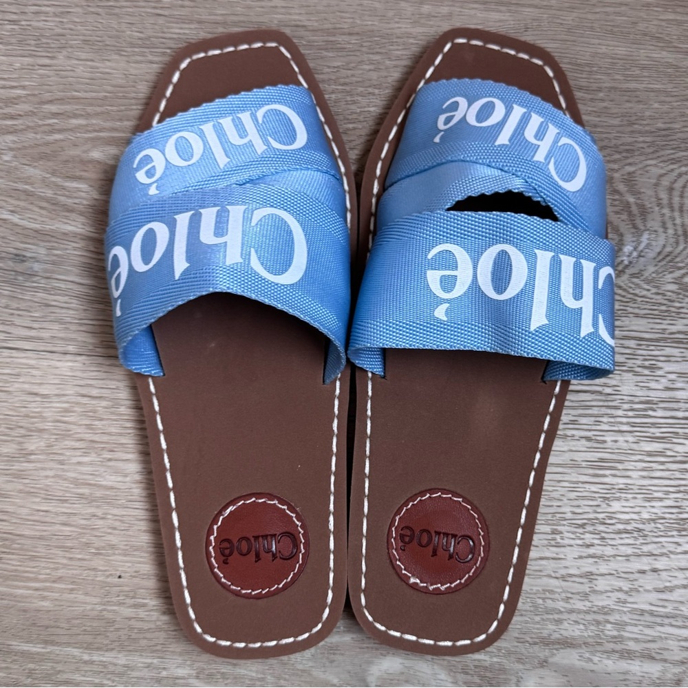 Woody Flat Logo Ribbon Slide Sandals Blue and White Size 38 (women’s 7) - Picture 2 of 4